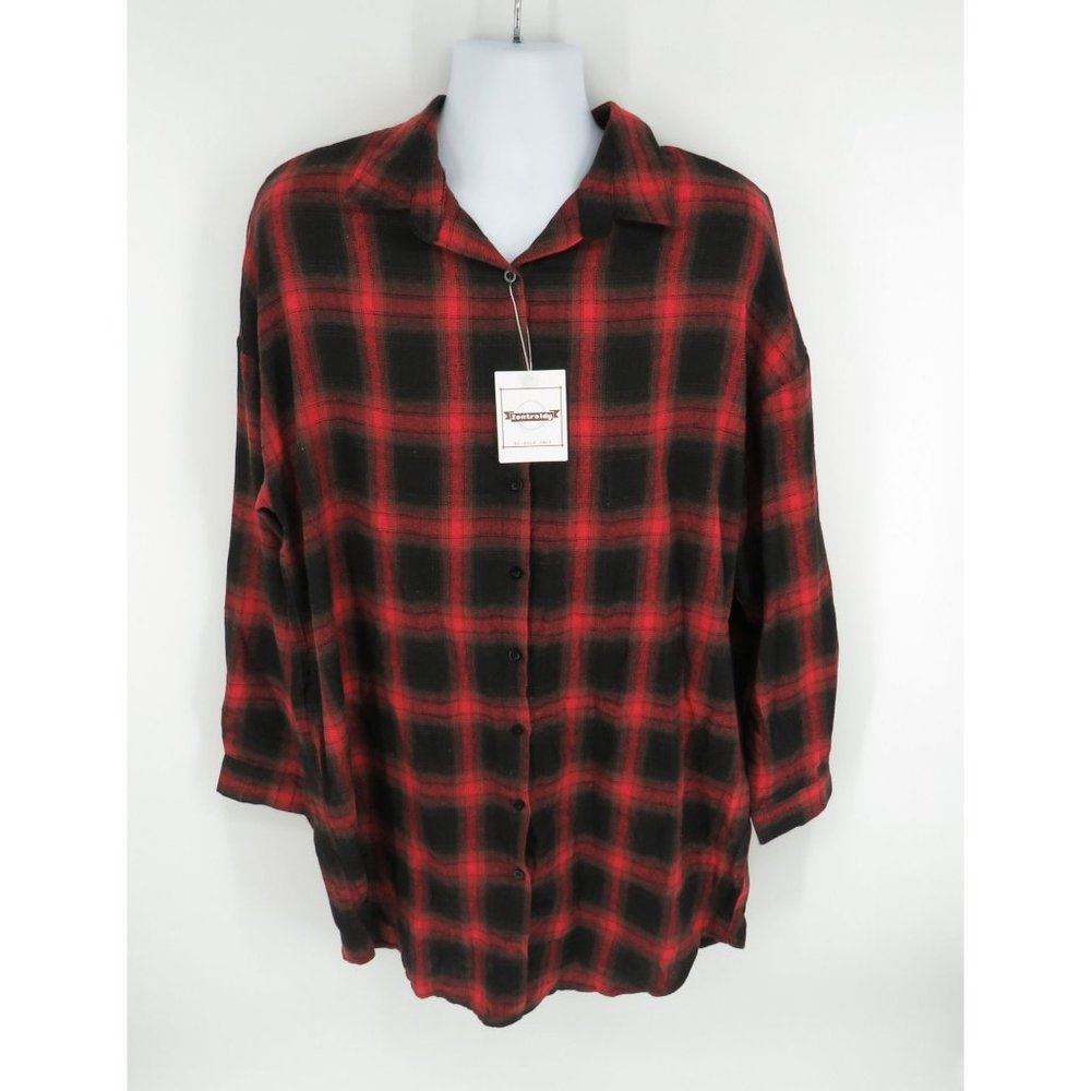 Zontroldy Womens Flannel Plaid Shirt Long Casual Pockets XL NWT